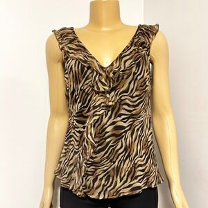 Allison Taylor Womens Silk Zebra Print Ruffle V-Neck Sleeveless Blouse Brown M